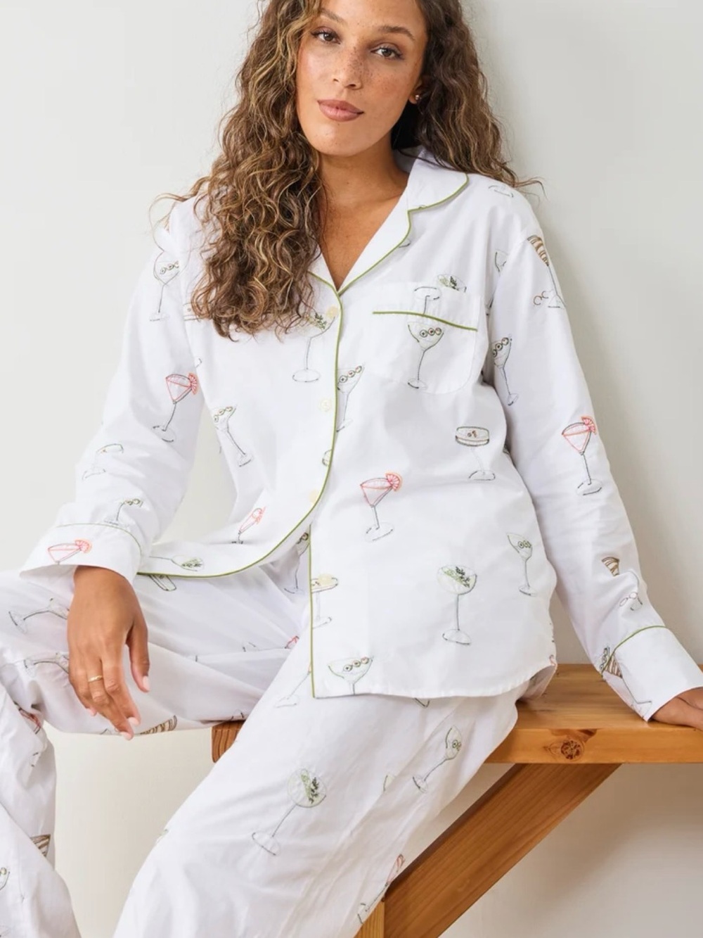 Print Fresh 100% Organic Cotton Long Sleeve Pajama Shirt Top Embroidered White M
